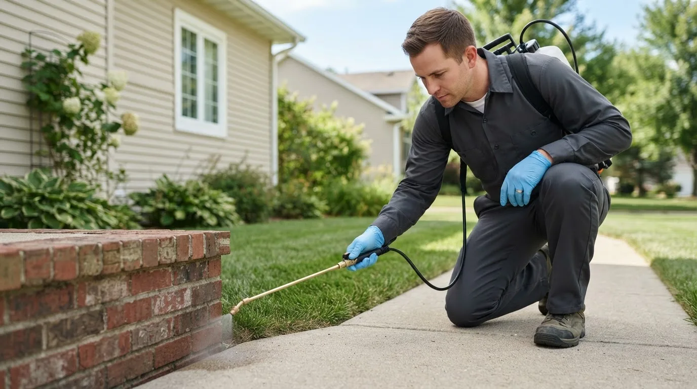 Pest control technician treating a home near Rogers, NE