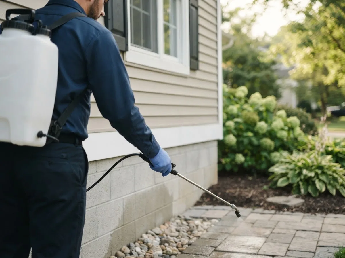 Pest control technician inspecting a home in Rogers, NE